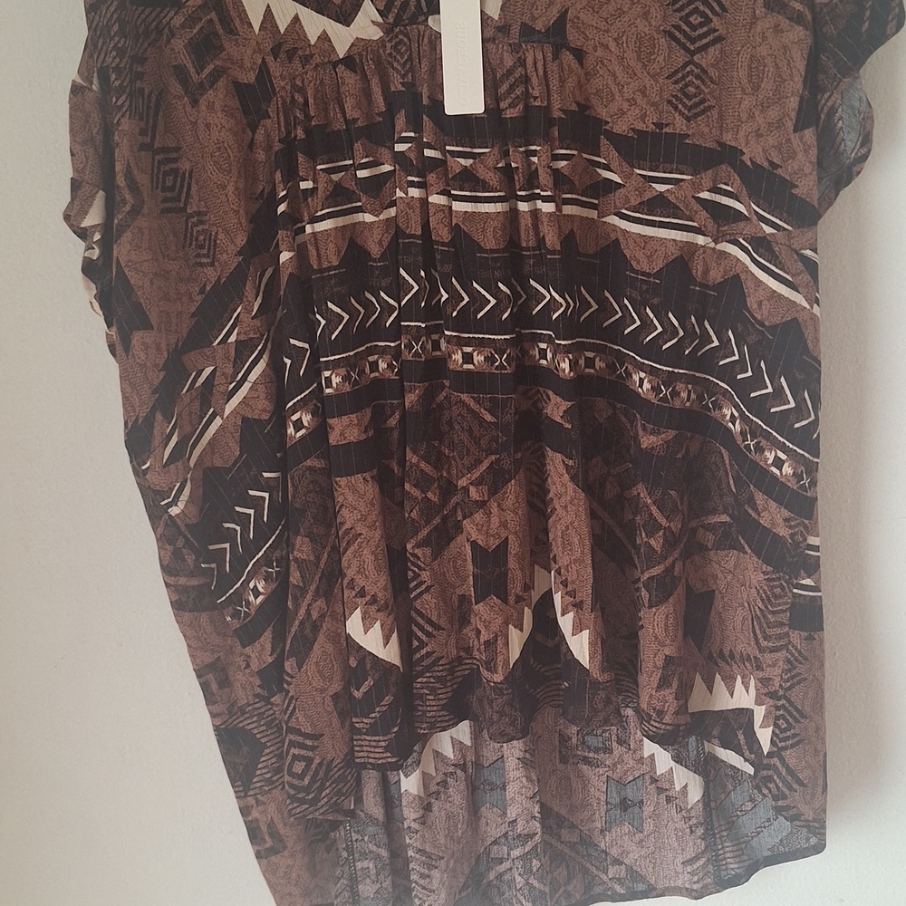 Olivaceous Boho Brown Aztec-Print Short Sleeve Top  SZ  S  NWT